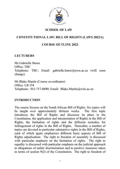 Constitutional Law Bill Of Rights Course Outline 2022 School Of Law