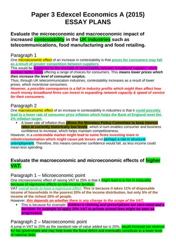 Edexcel Economics A 2019 2020 Paper 3 Complete Essay Plans Teaching Resources