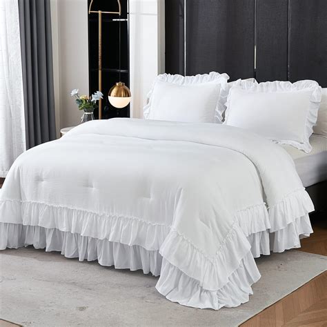 Bedream White Ruffle Comforter Set 3 Piece Queen Size Pintuck Bedding Set