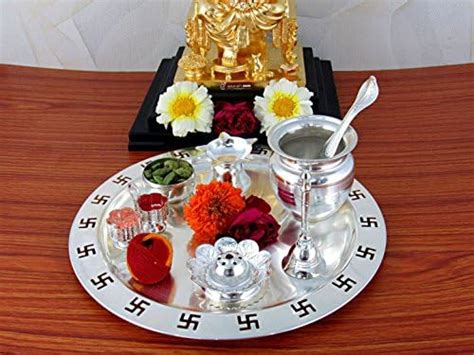 GoldGiftIdeas 9 Inch Swastik Silver Plated Pooja Thali Set Silver