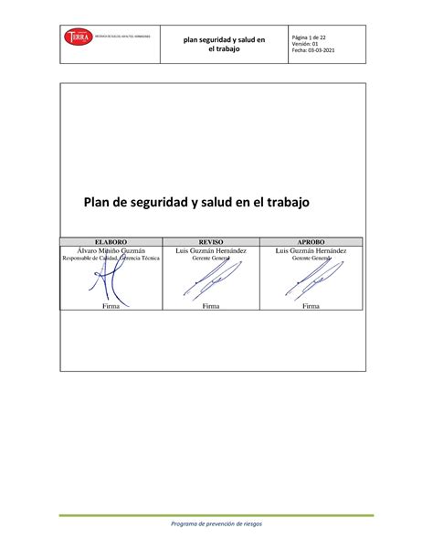 Plan de seguridad y salud trabjo Versión 01 Fecha 03 03 plan