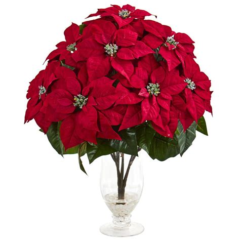 Poinsettia Artificial Arrangement in Glass Vase | Nearly Natural