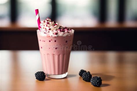 A Glass Of Milkshake With Whipped Cream And Blackberries Strawberry