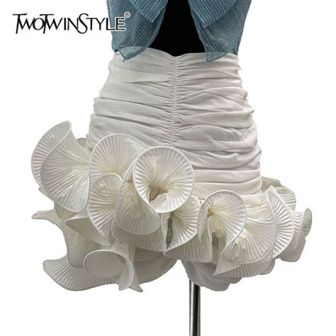 TWOTWINSTYLE Casual White Skirt For Women High Waist Patchwork