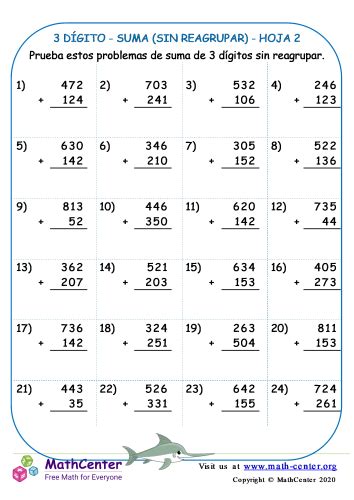 3 Dígito Suma Sin Reagrupar Hoja 2 Hojas de trabajo Math Center