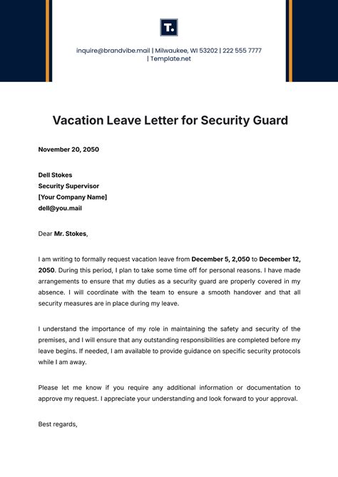Free Vacation Leave Letter for Security Guard Template to Edit Online
