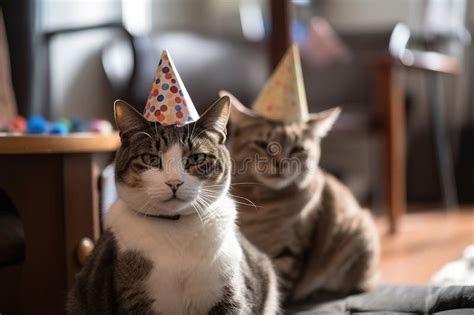 Party Cats Cats With Party Hats Celebrating Birthday Generative Ai