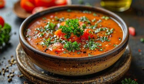 Tomato Soup With Parsley And Pepper A Bowl Of Tomato Soup Garnished With Parsley And Black