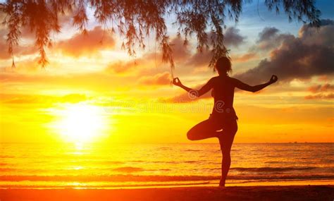 Silhueta Da Mulher Que Medita Sobre A Praia Yoga Foto De Stock Imagem