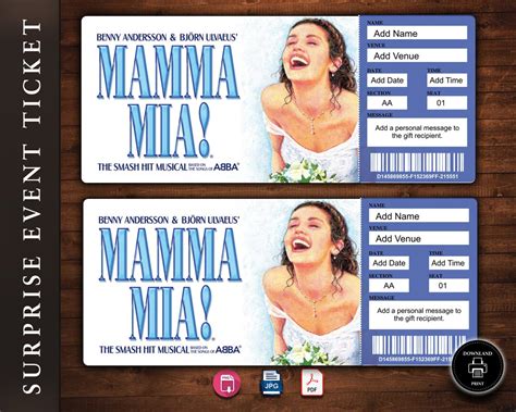 Mamma Mia Broadway Surprise Ticket Mamma Mia Musical Collectible Theater Ticket Editable