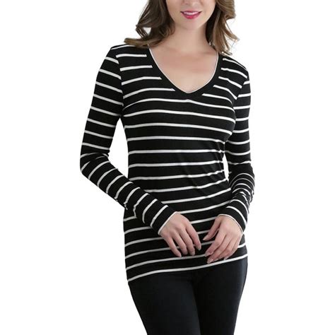 Womens Striped V Neck Long Sleeve Top Blackwhite C517ytrcrhl