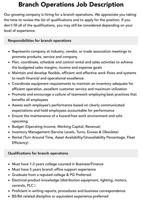 Branch Operations Job Description Velvet Jobs