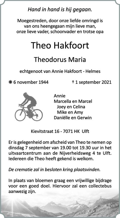 Theo Theodorus Maria Hakfoort 01 09 2021 Overlijdensbericht En