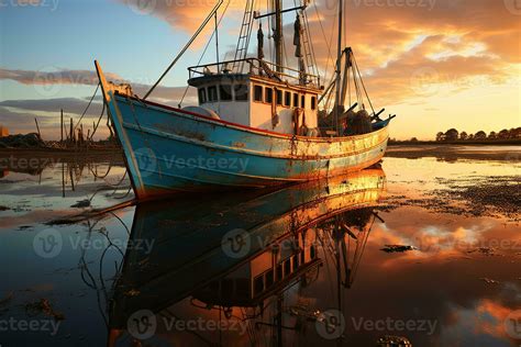 Fishing boat on the water at sunset with a reflection in water and a beautiful sky. Dramatic sky ...