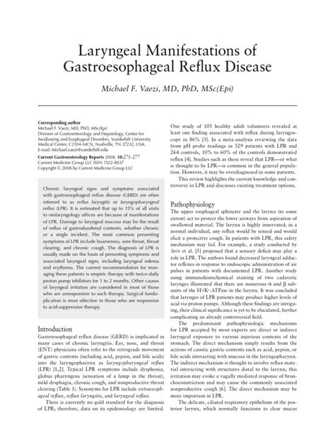 Laryngeal Manifestations Of Gastroesophageal Reflux Disease Pdf