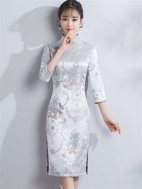 Embroidered Midi Qipao Cheongsam Dress With Long Sleeve For Winter