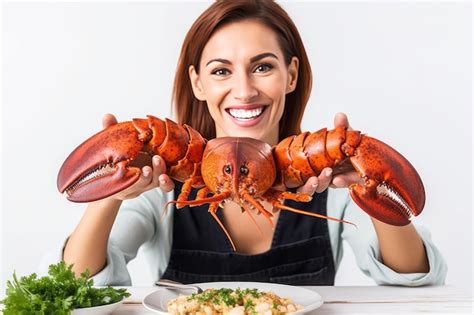 Premium Photo A Woman Holding Lobsters And A Plate Of Food With A