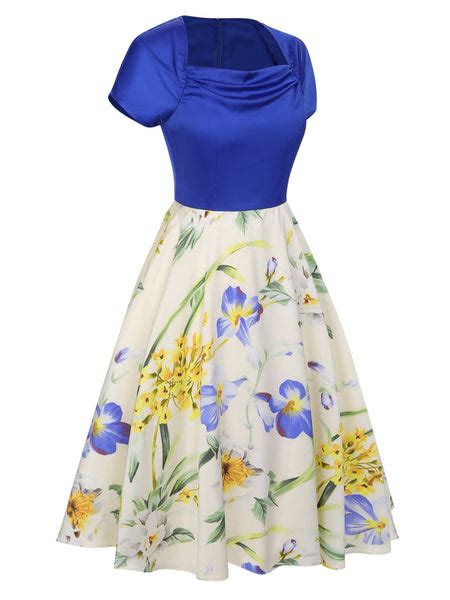 1950s Flowers Cowl Neck Patchwork Dress Retro Stage