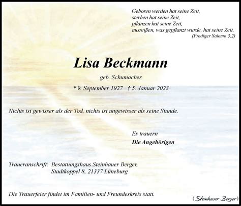 Traueranzeigen Von Lisa Beckmann Trauer L Neburg De