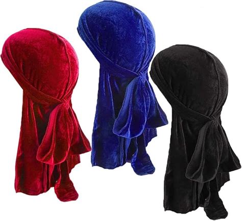 3 Pack Unisex Velvet Durag Satin Silk Head Wrap Durag Long Tail