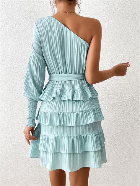 Shein Priv One Shoulder Ruffle Trim Belted Dress Shein