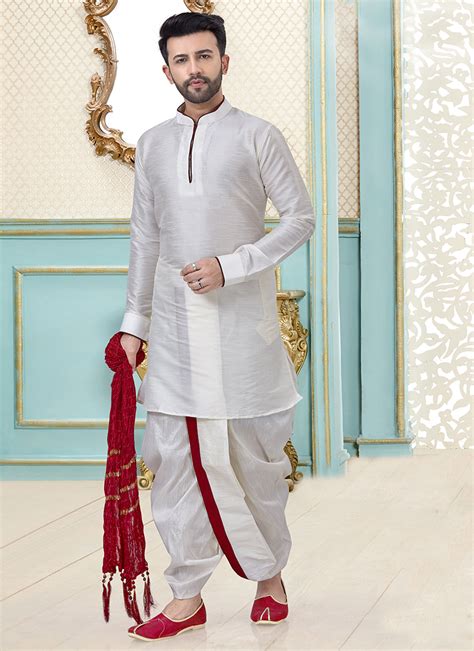 Buy Traditional Wear White Plain Dhupion Silk Dhoti Kurta Online From