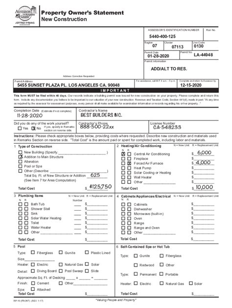 Fillable Online Assessor Lacounty Sample RP 10 Form Fax Email Print