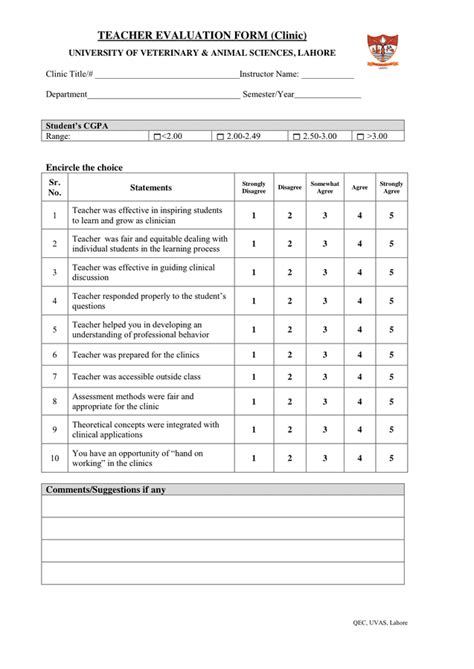 Teacher Evaluation Form In Word And Pdf Formats