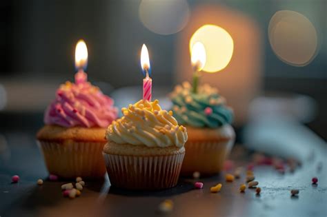 Premium Photo Three Cupcakes With Lit Candles On A Table