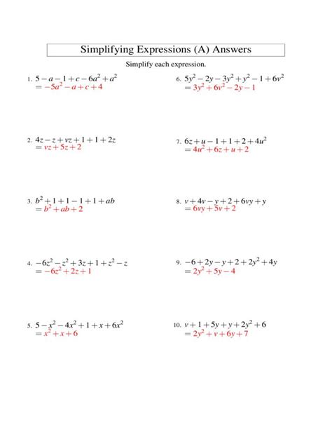 Simplifying Expression Worksheets