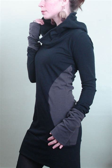 Extra Long Sleeved Hooded Tunic Dress Black Cement Color Block Etsy