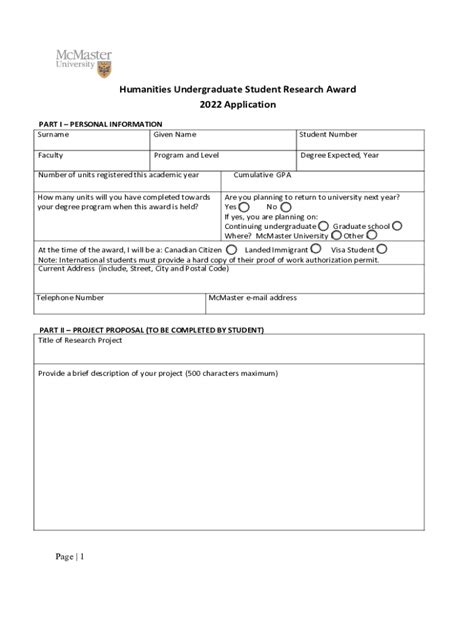 Fillable Online Humawards Humanities Mcmaster Usra Application Form