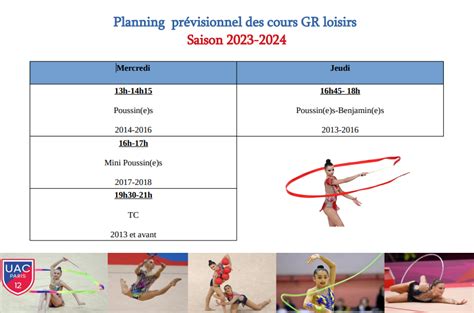 Planning des entraînements UAC Paris 12 Gymnastique