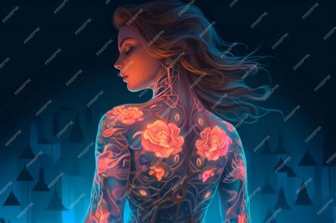 Premium Ai Image Woman With A Tattoo Fantasy Art Body With Neon Flowers Intricate Glow Accents