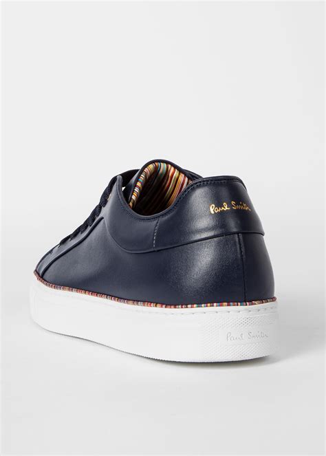 Paul Smith Navy Leather Basso Trainers With Signature Stripe Piping