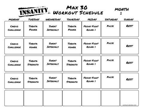 Insanity Max 30 Printable Workout Calendar