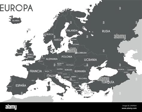 Mapa político de Europa en color gris con fondo blanco y los nombres de