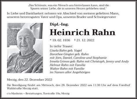 Traueranzeigen Von Heinrich Rahn Saarbruecker Zeitung Trauer De