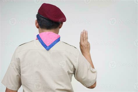 Back view of scout shows hand sign. Concept, Scout activity that ...