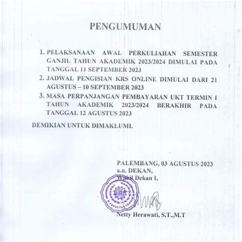 Pengumuman Perkuliahan Semester Ganjil Tahun Akademik