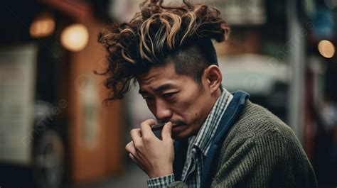 Fondo Hombre Japonés Con El Pelo Largo Fumando Su Cigarrillo Fondo Un