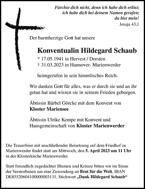 Traueranzeigen Von Konventualin Hildegard Schaub Trauer Anzeigen De