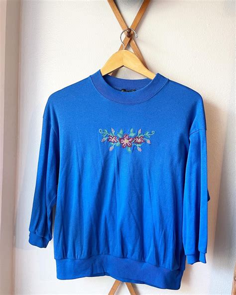 Bonworth Vintage Floral Embroidered Blue Shirt Etsy