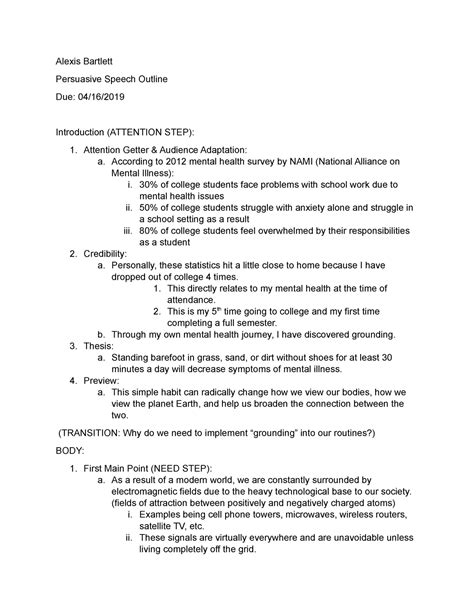 Sample Persuasive Speech Outline Final Alexis Bartlett 2 Alexis