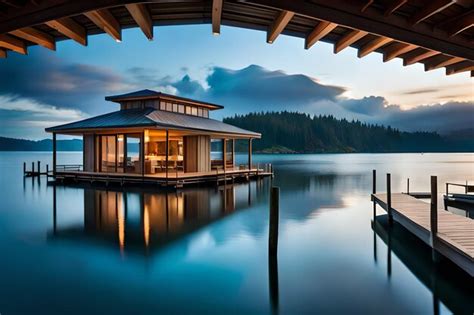 Premium AI Image | A house by the lake with a dock and a dock with a ...