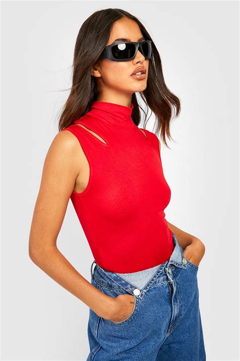 Red High Neck Jersey Cut Out Bodysuit Boohoo Uk