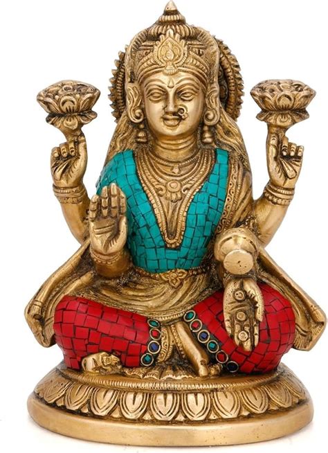 Craftvatika Brass Hindu Goddess Lakshmi On Lotus Hinduism Display