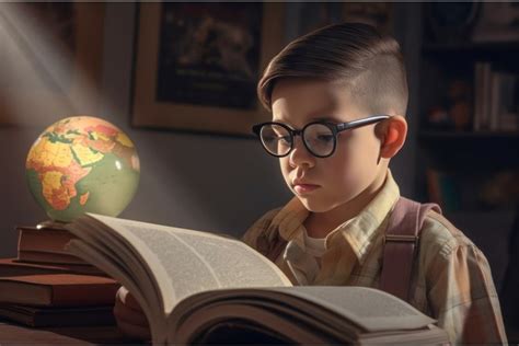 Boy with glasses reading a book with light ray. Generate ai