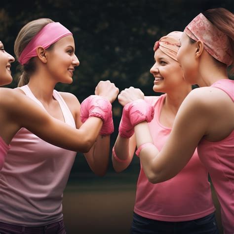 Mujeres Felices Y Sonrientes Que Llevan Bandas Rosadas Luchando Contra