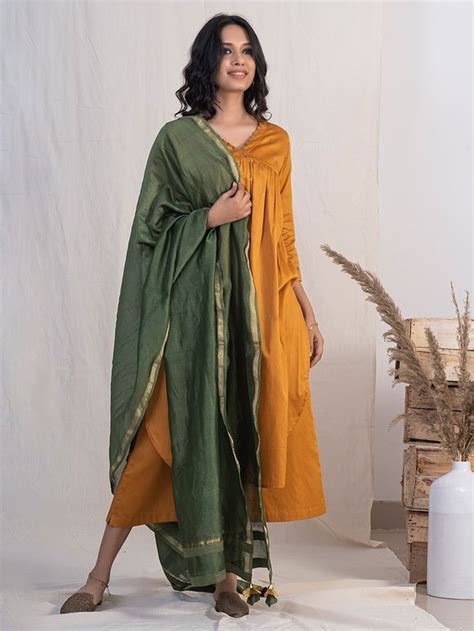 Buy Mustard Yellow Pleated Cotton Satin Kurta With Palazzo And Green